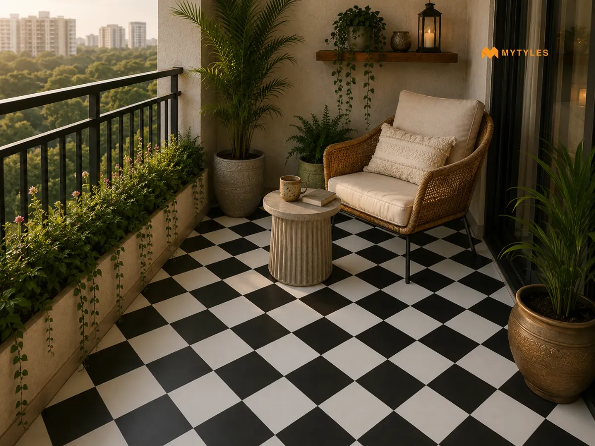 Chequered Tiles for a Balanced Small Balcony Floor